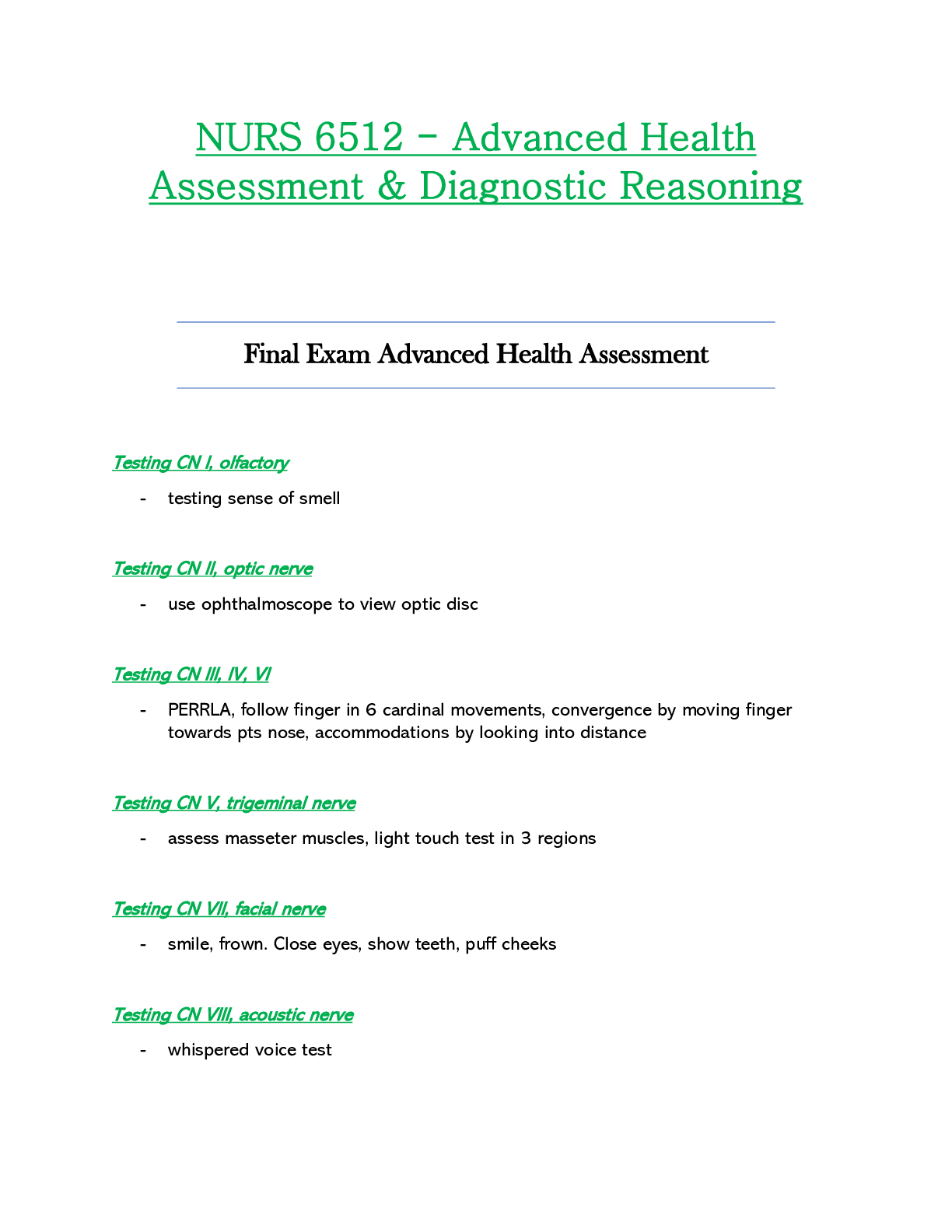 Preview of NURS 6512 / NURS6512 Final Exam (Latest): Advanced Health Assessment and Diagnostic Reason